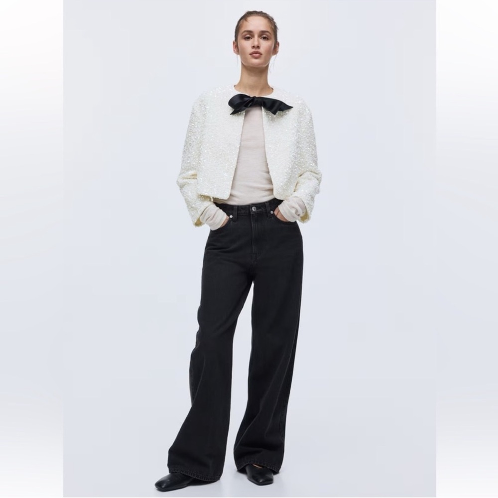 Elegant White Sequin Jacket with Black Bow - Picture 4 of 5